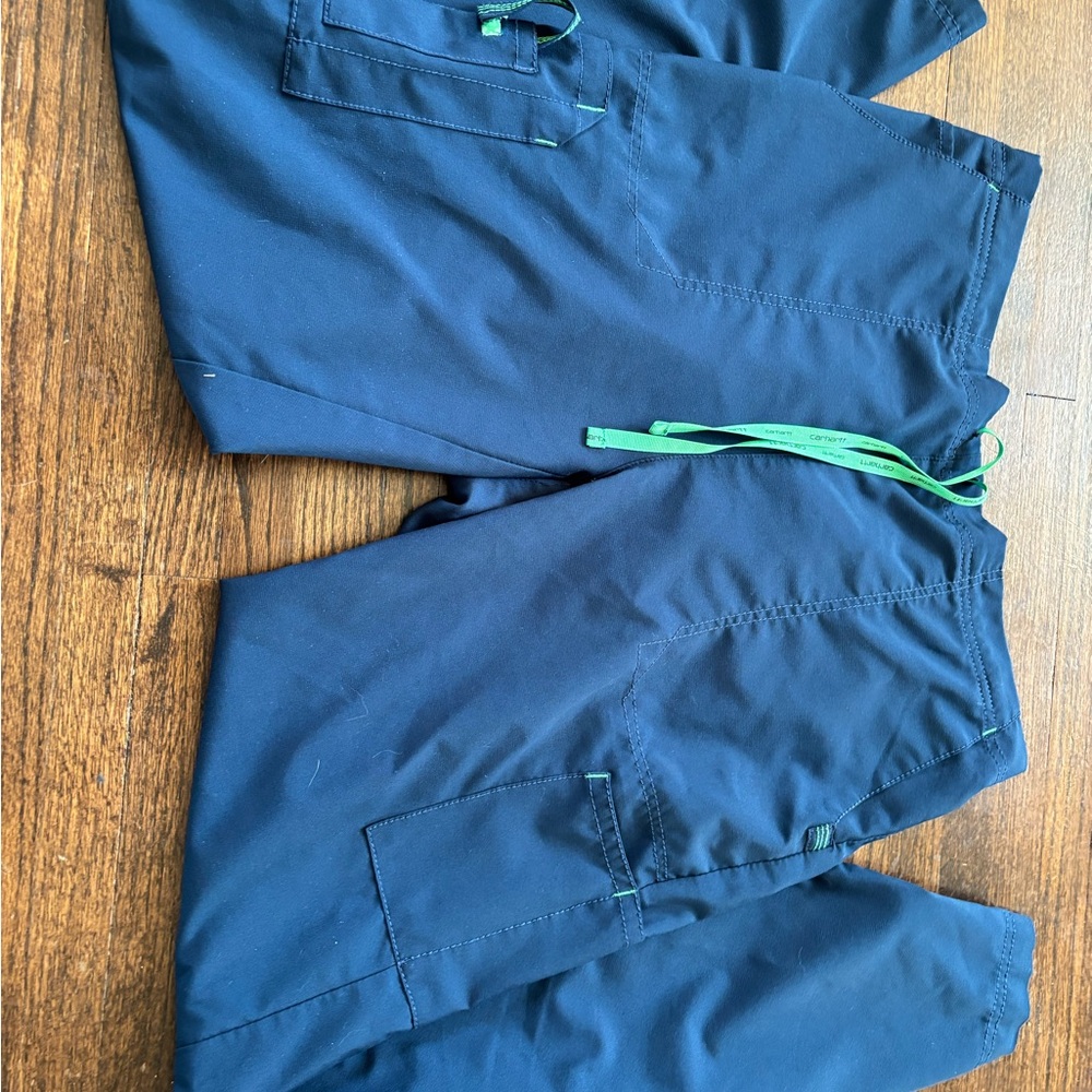 Carhartt Men's Dark Blue Cargo Pants with Green Details